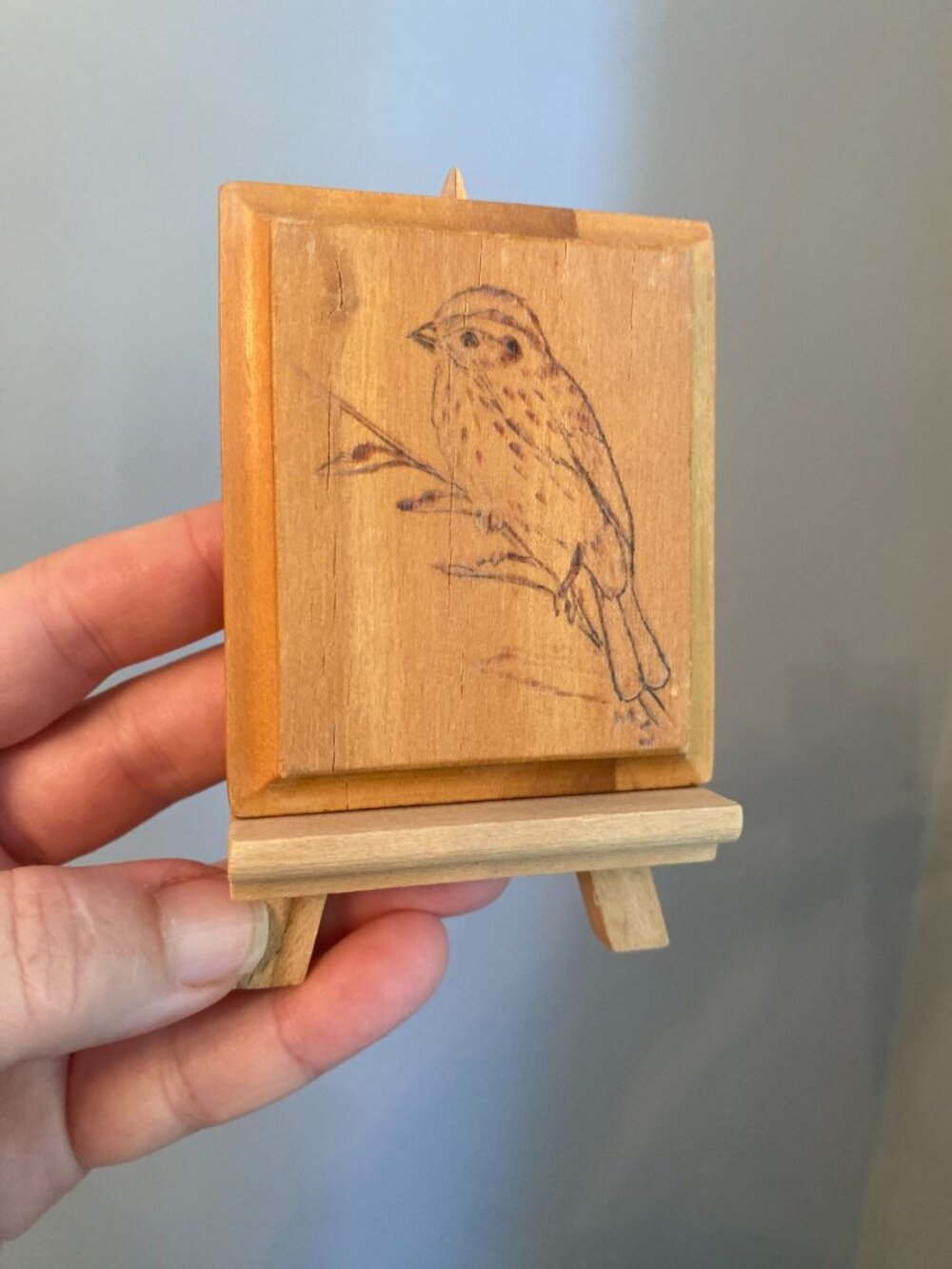 Vintage Wood Burned Song Sparrow Bird Art With Wooden Easel Small 1978 Signed M.
